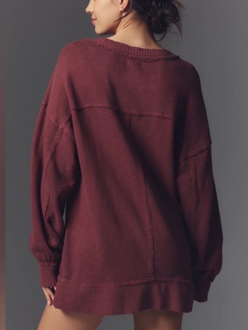 Anthropologie Pilcro Oversized Sweatshirt Red Burgundy Bohemian Distressed Sz S - Picture 2 of 16